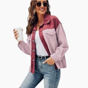 Women's Medium Color Block Corduroy Shirt Jacket Shacket Button Front Pink Red
